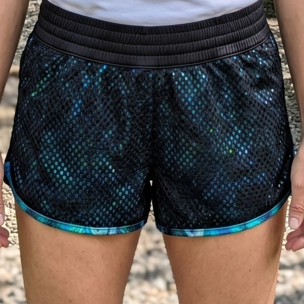 Champion C9 Womens Mesh Athletic Shorts Black Teal Blue Double Layer‎ Running S